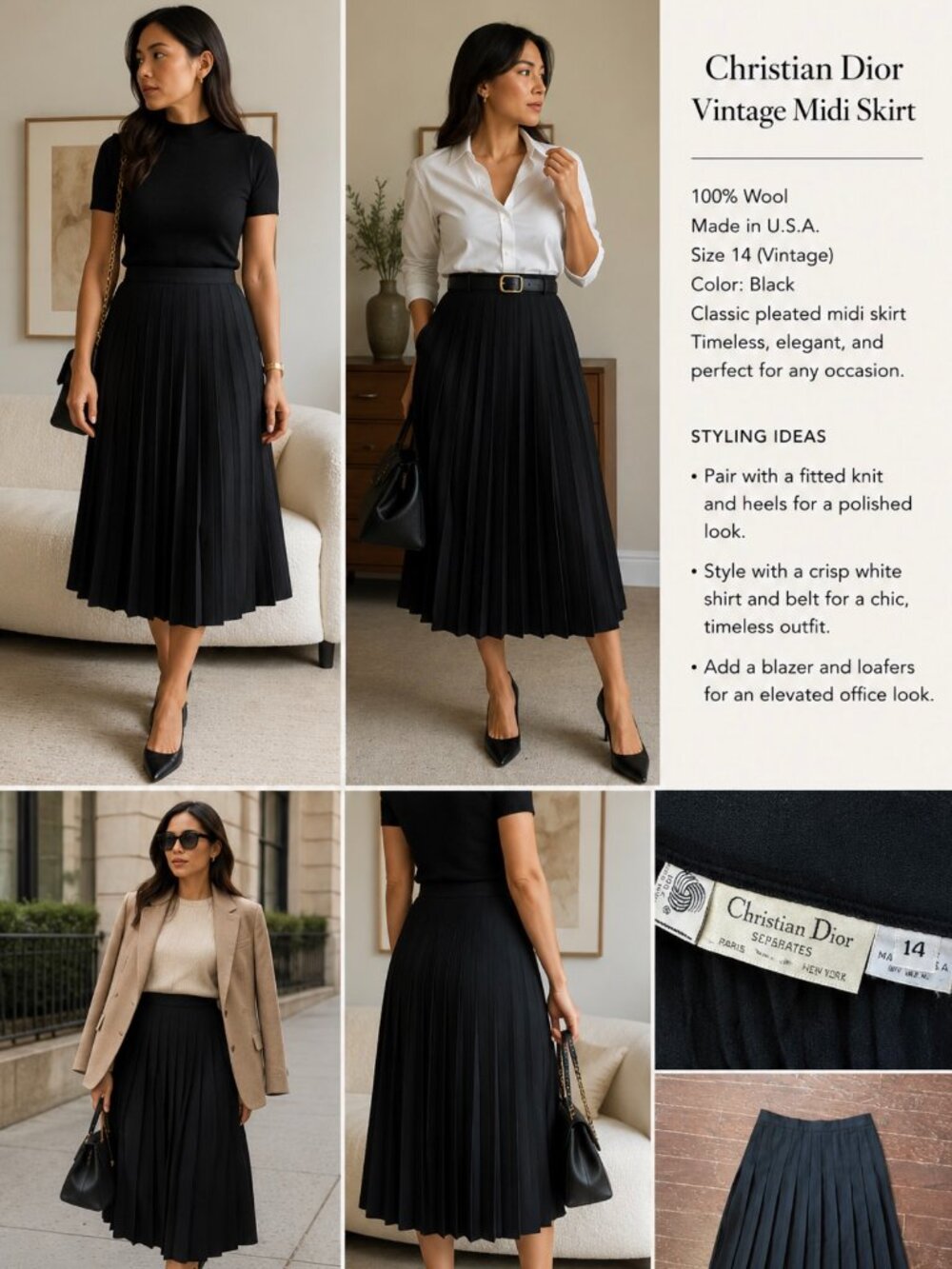 Christian Dior vintage 100% wool pleated midi skirt